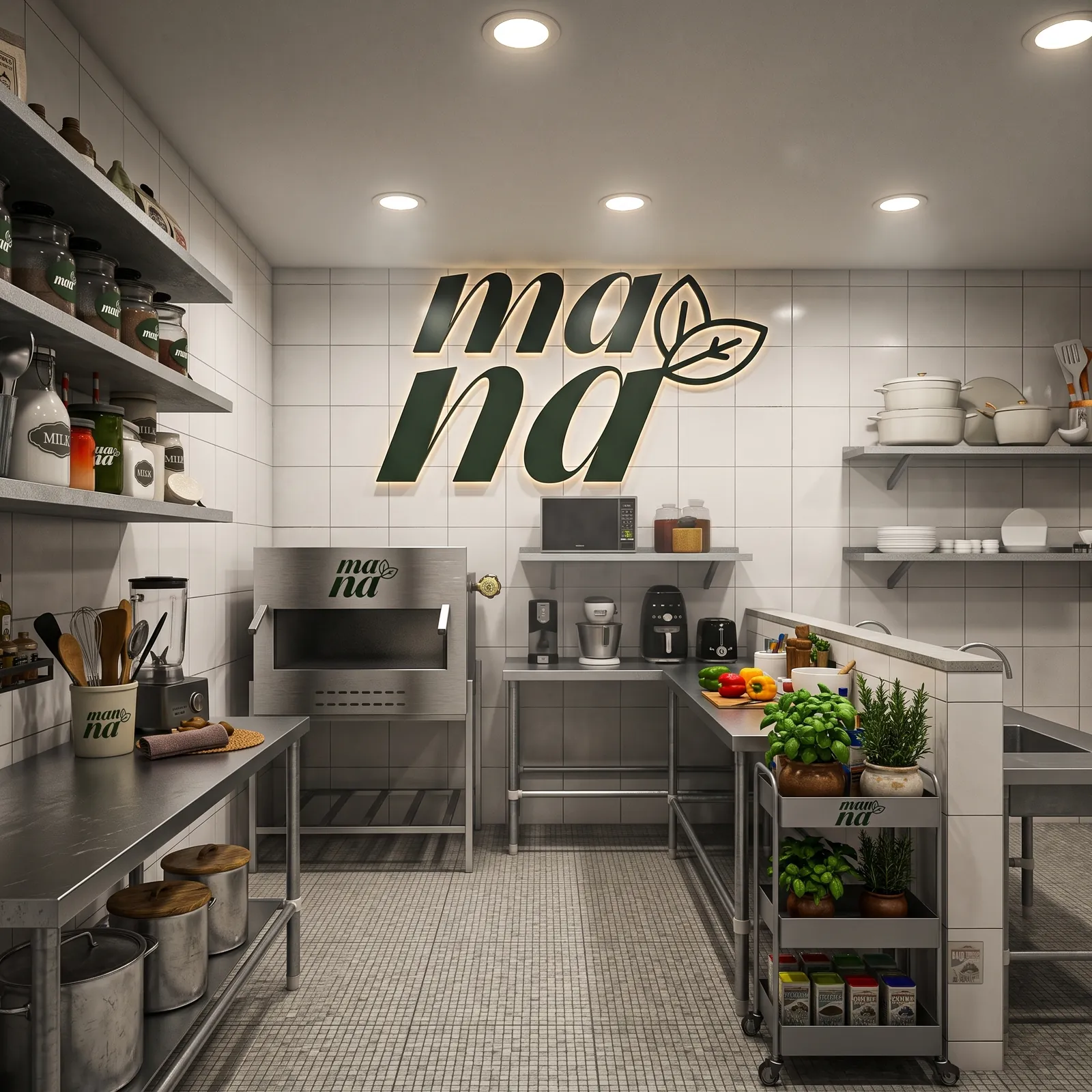 Cozinha industrial Maná equipada e organizada