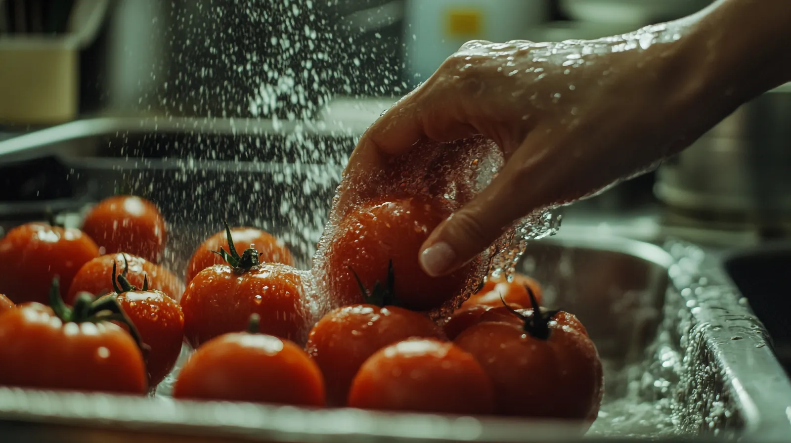 Tomates frescos sendo lavados antes do preparo